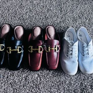 Women's Black and Burgundy Loafers with Gold Accents, white tennis shoes